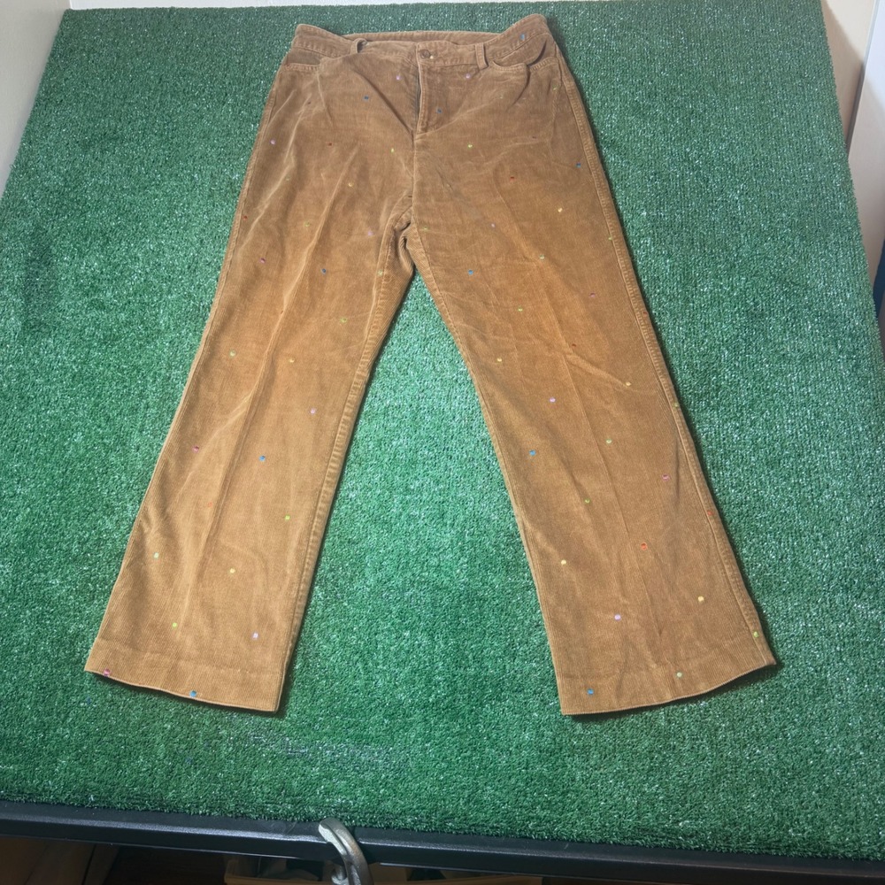 Rafaella Tan Brown Corduroy Rainbow Polka Dot Embroidered Pants Size 12